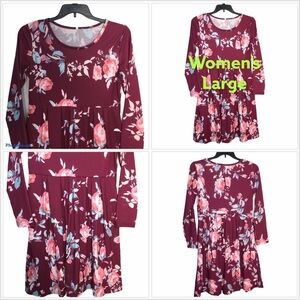 Women's L Large 12 - 14 Dress Flowers Rose Crewneck 2 Pockets Long Sleeve NWOT